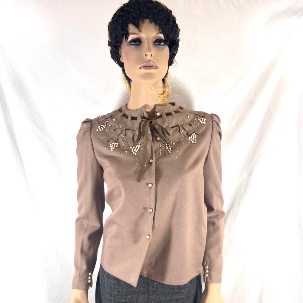 EMMANUELLE KHANH Beige Wool Pearls Detail Blouse Made in Romania 38 8/M US